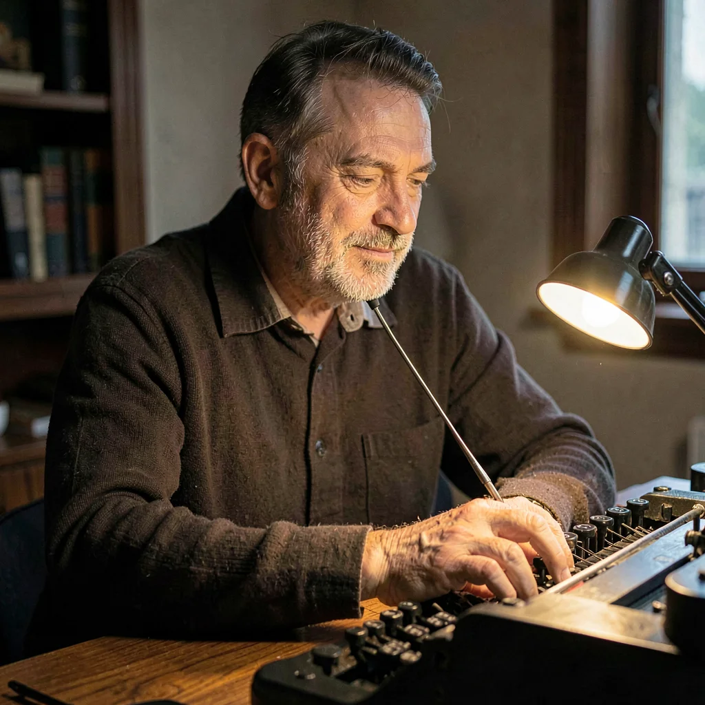 Studio portrait of a novelist at a typewriter mid-line, lamp glow modeling the f