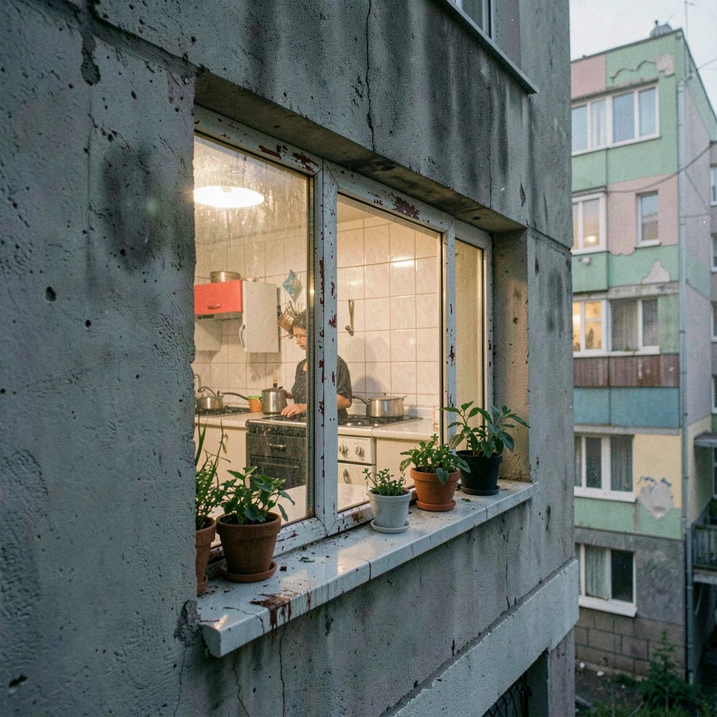 Post-Soviet urban photography, An apartment kitchen through a window at evening,