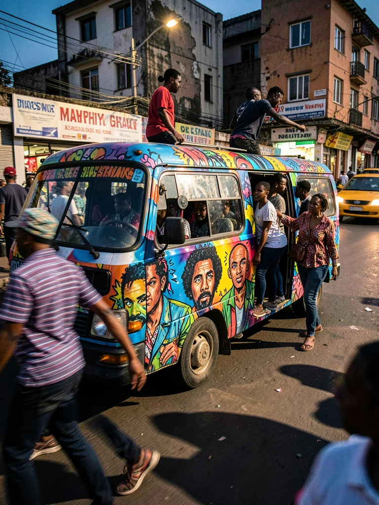 Kinetic Nairobi street energy, panned motion blur with sharp details, Matatu min