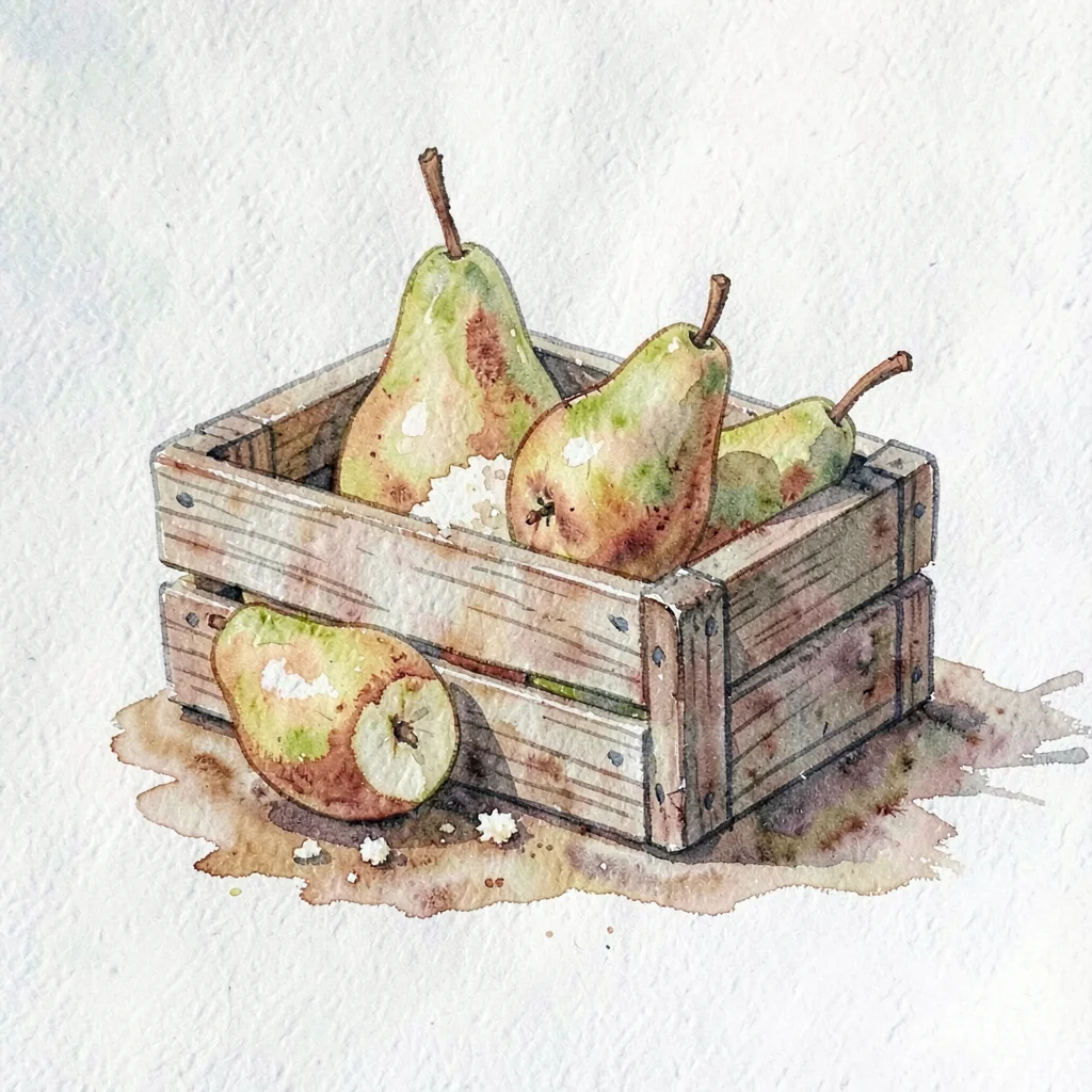Gouache scene of a small wooden crate spilling pears, sienna and cream pigment