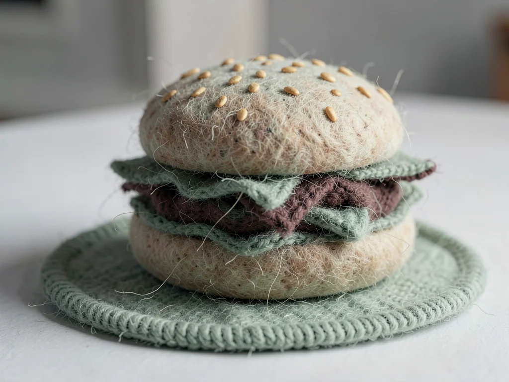 A felted wool hamburger with sesame seeds embroidered on the bun resting on a sa
