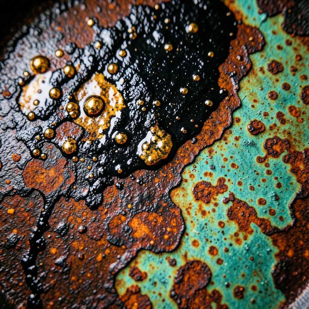 Cast iron pan seasoning layers, black polymerized oil coating with golden patche