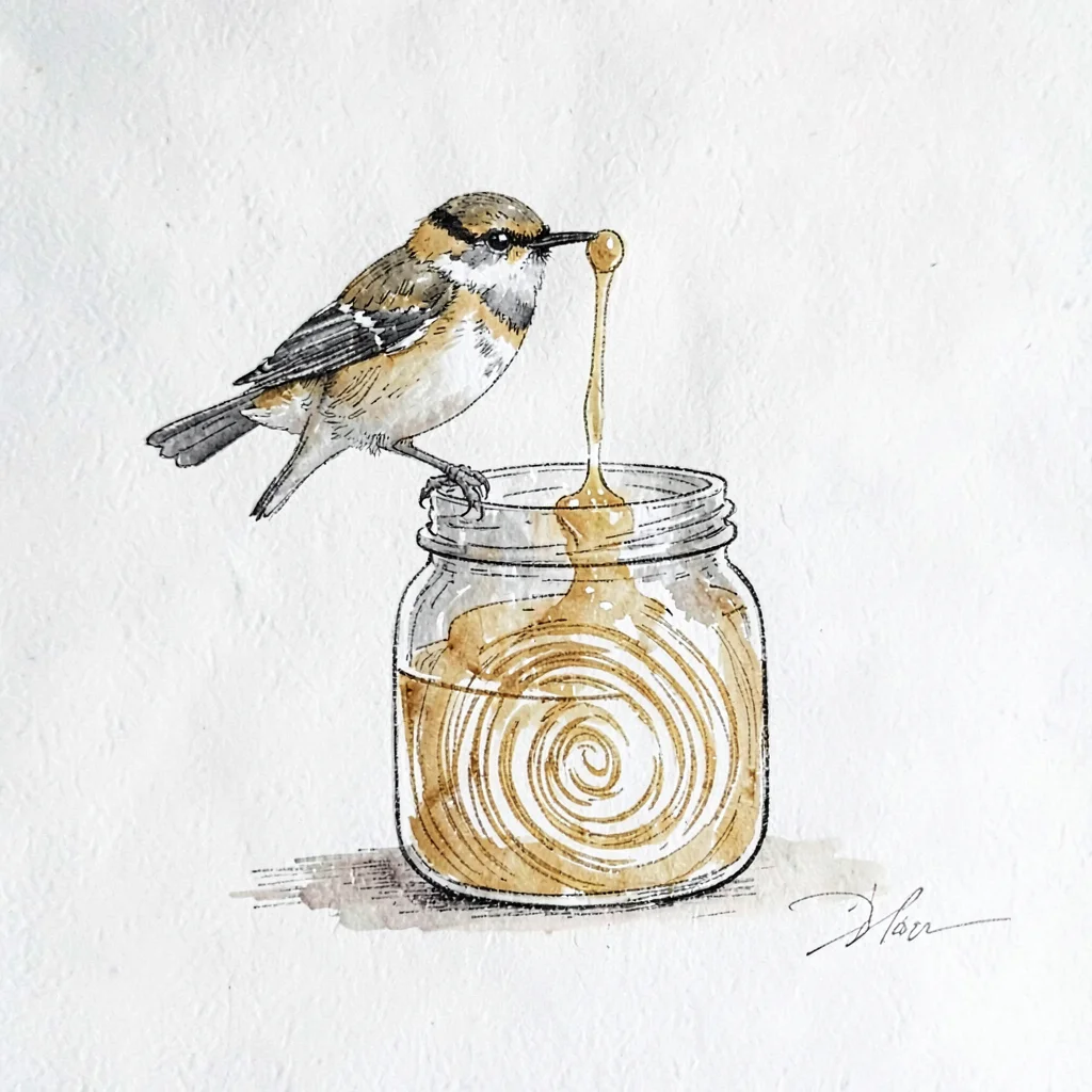 Pen-ink study of a honey dipper and jar with hatched golden swirls suggesting ho