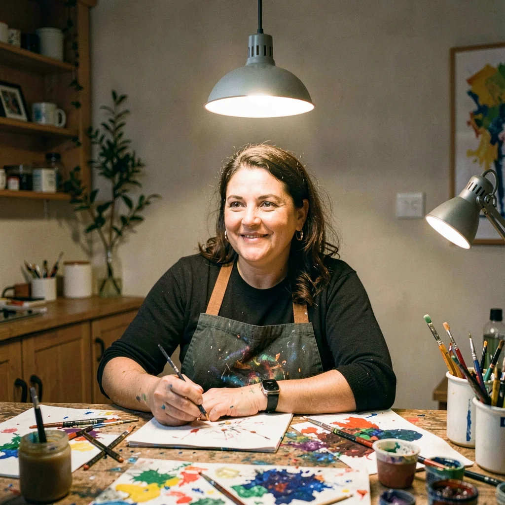 Warm lamp-line portrait of a teaching artist at a paint-stained worktable, singl