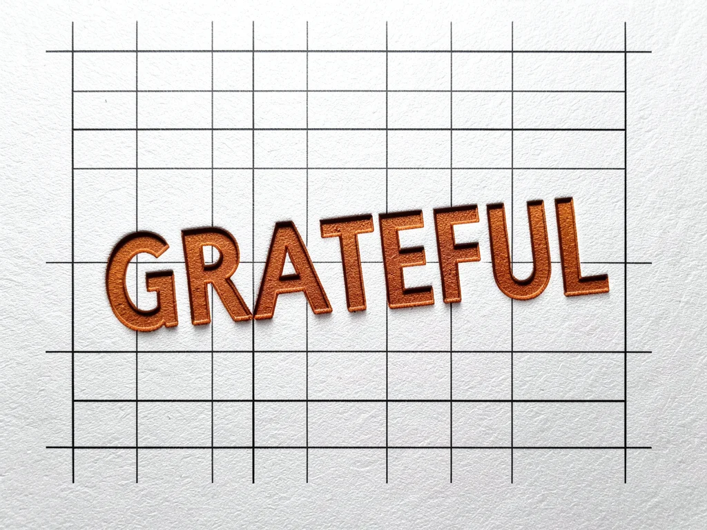 Letterpress GRATEFUL printed deep on thick cotton paper, autumn ink color