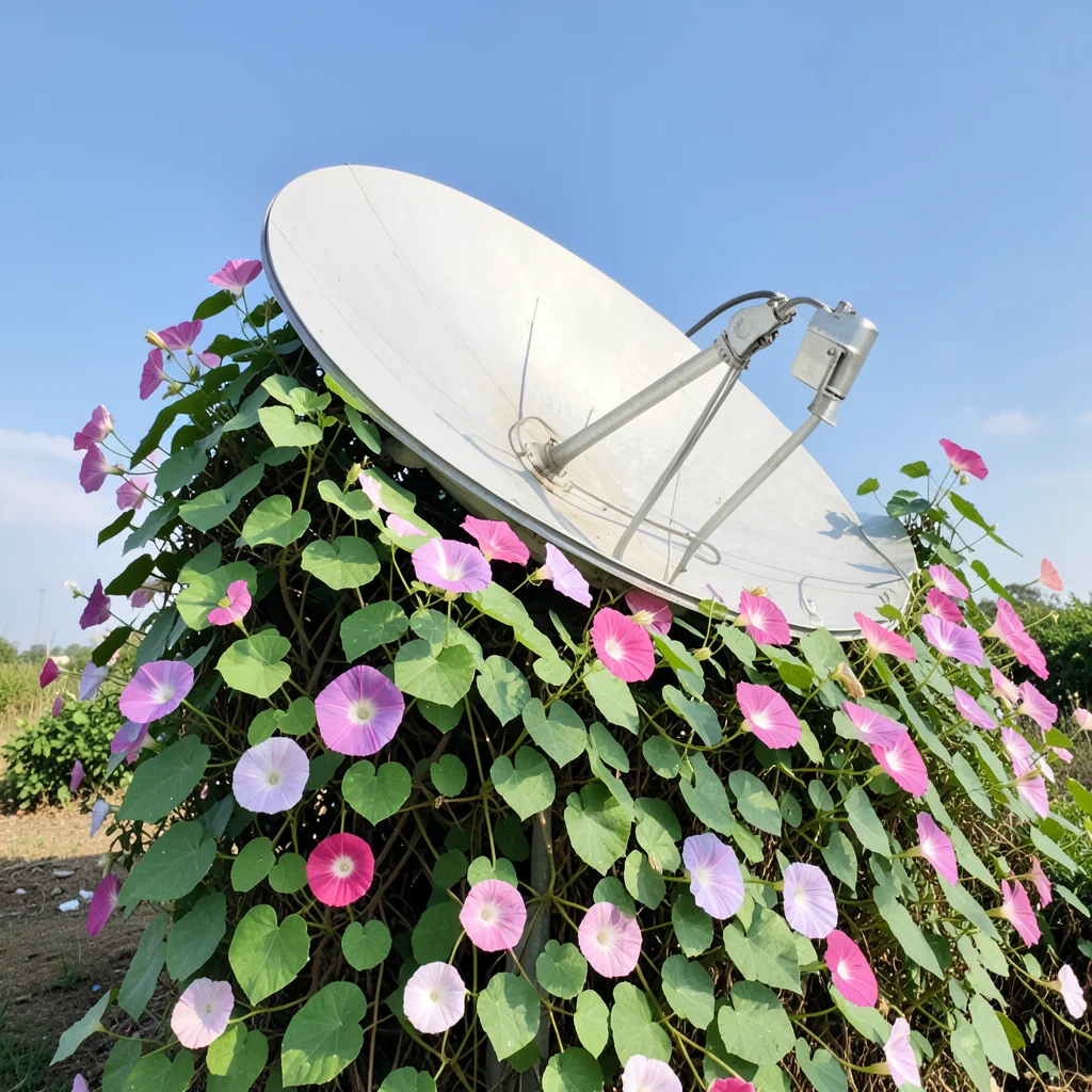 Satellite dish covered in morning glory vines, still functioning, flowers bloomi