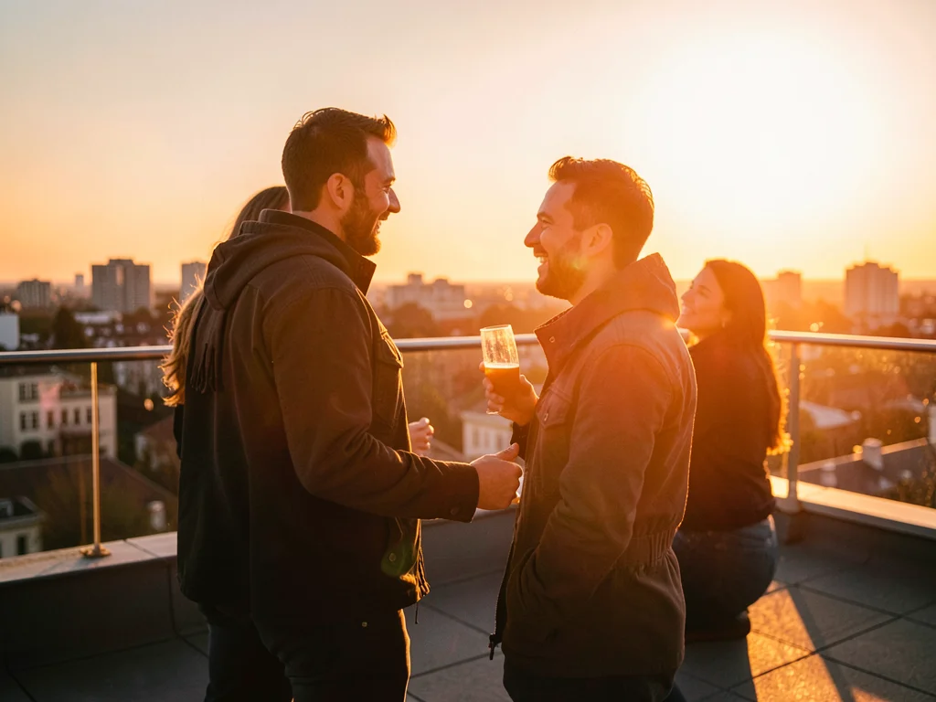 Friends on rooftop at golden hour