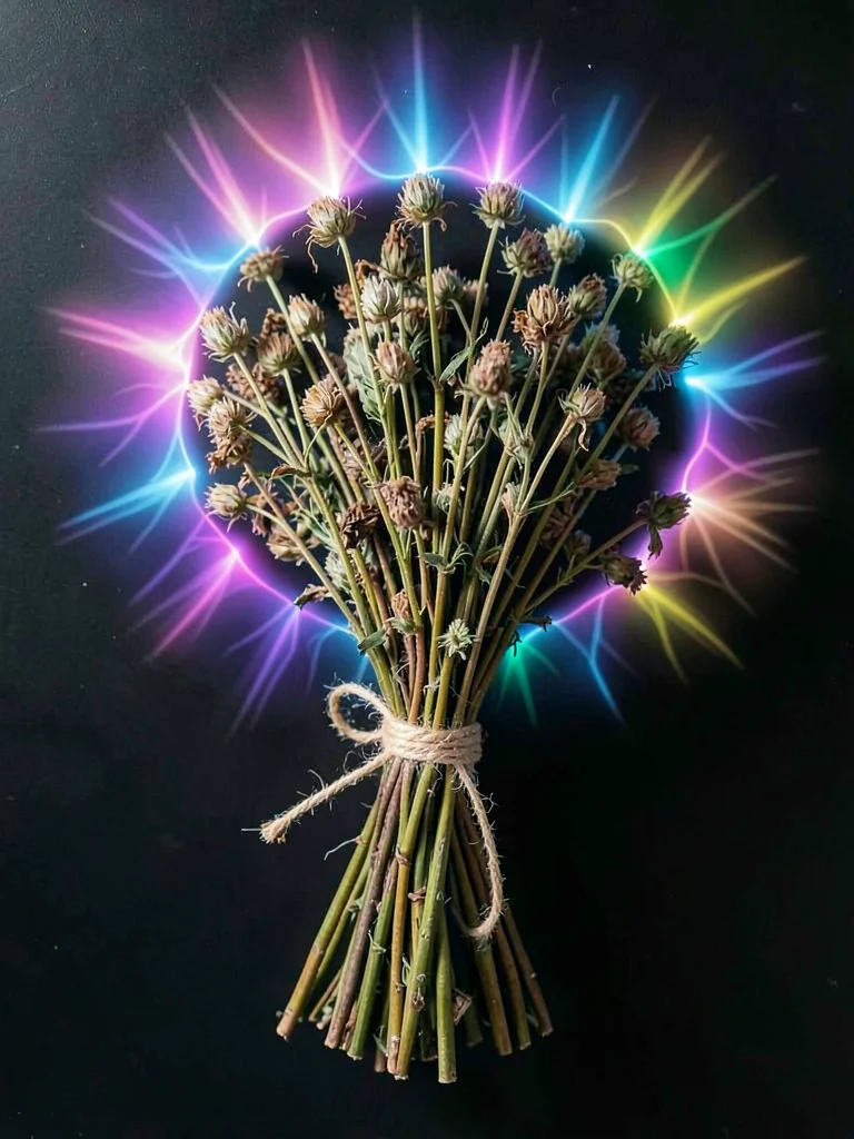 A bundle of dried herbs tied with twine, soft corona fringe at every stem tip