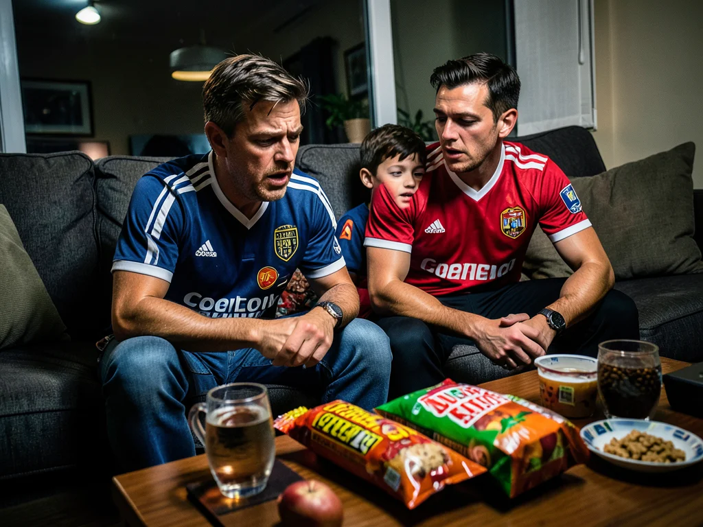 Father and son watching game on couch, snacks on coffee table, matching jerseys