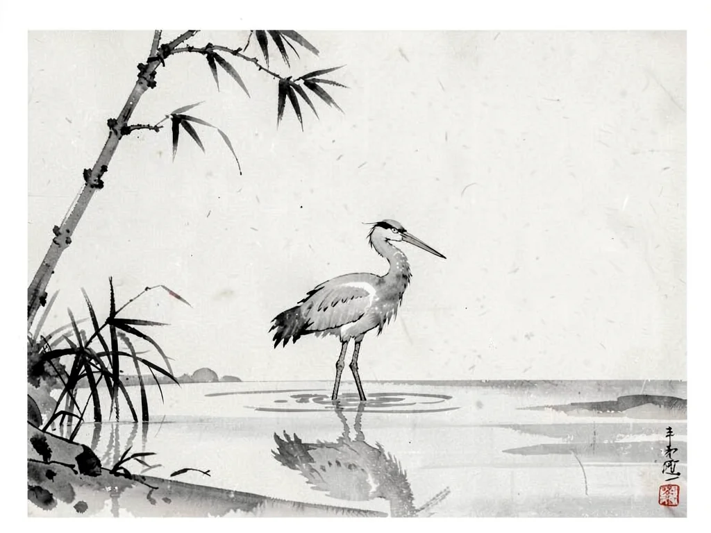 Crane standing in shallow water alone