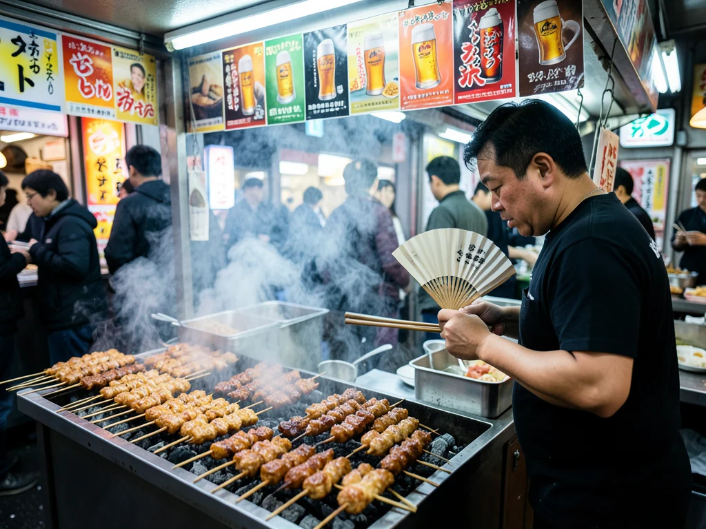 A yakitori stall in Tokyo, dozens of skewers over charcoal, the cook fanning smo