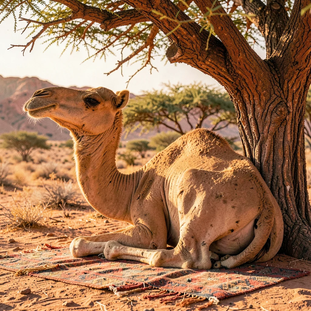 Warm desert-toned photograph, Camel resting in shade of acacia tree, leg folded 