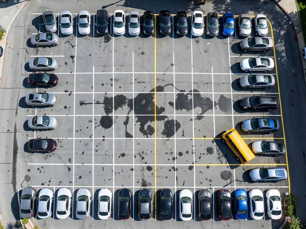 A church parking lot on Sunday morning from above, 90% full, nearly every vehicl
