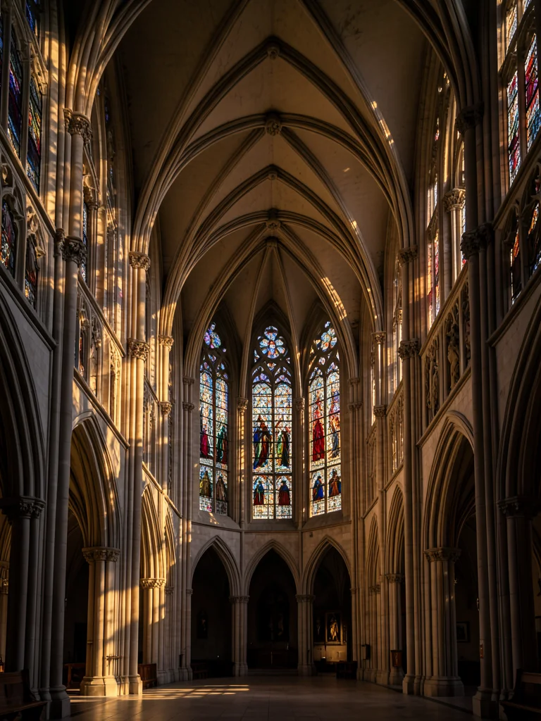 Grand interior of a Gothic cathedral with ribbed vaulting and stained glass