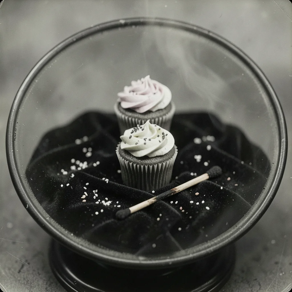 Three cupcakes with different colored frosting arranged in a triangle on black v