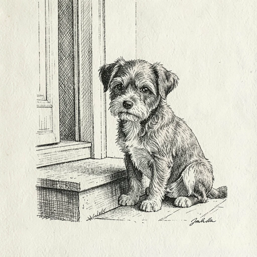Pen-and-ink illustration of a small dog waiting on a porch step, fine hatching, 