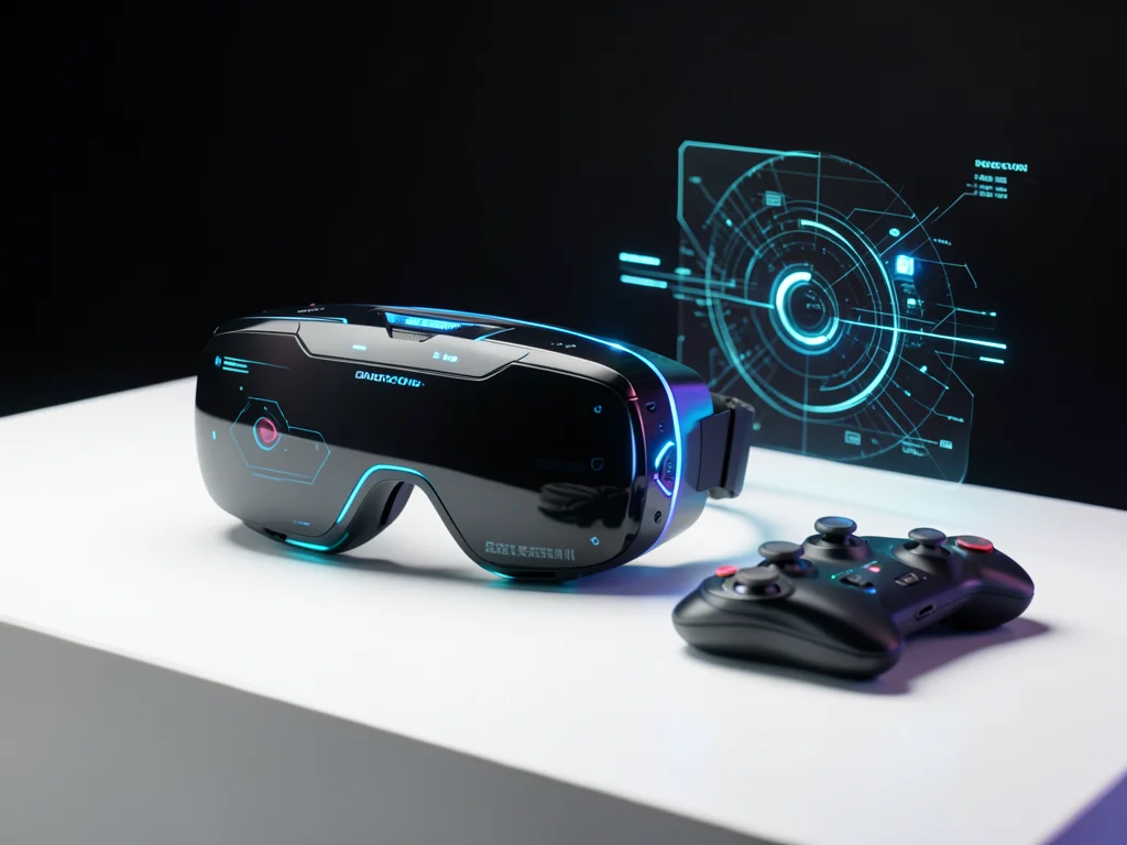 VR headset resting on a clean white surface next to controllers, soft studio lig