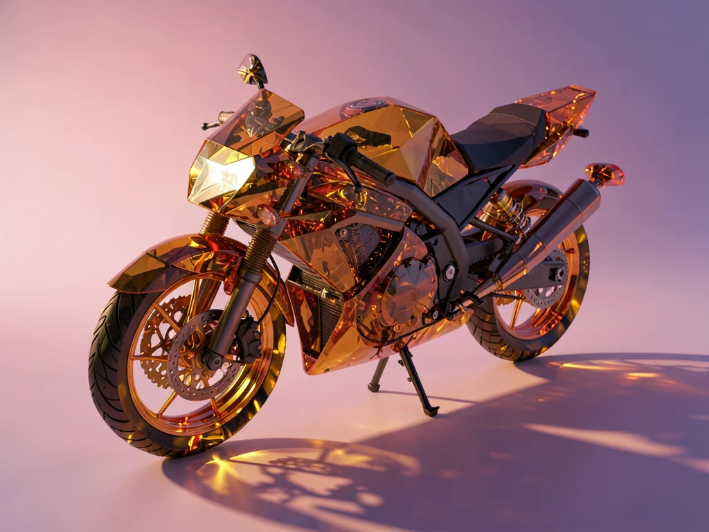 Translucent amber glass motorcycle catching internal warm light against a dusk-p