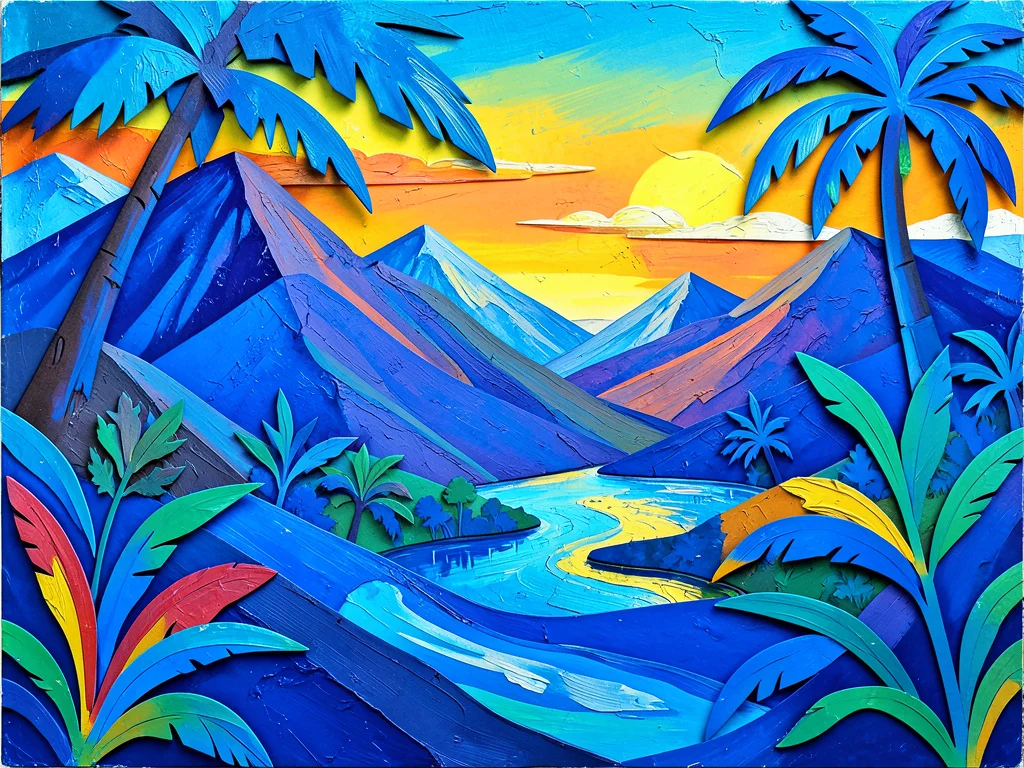 Layered paper cutout landscape in shades of blue creating depth illusion