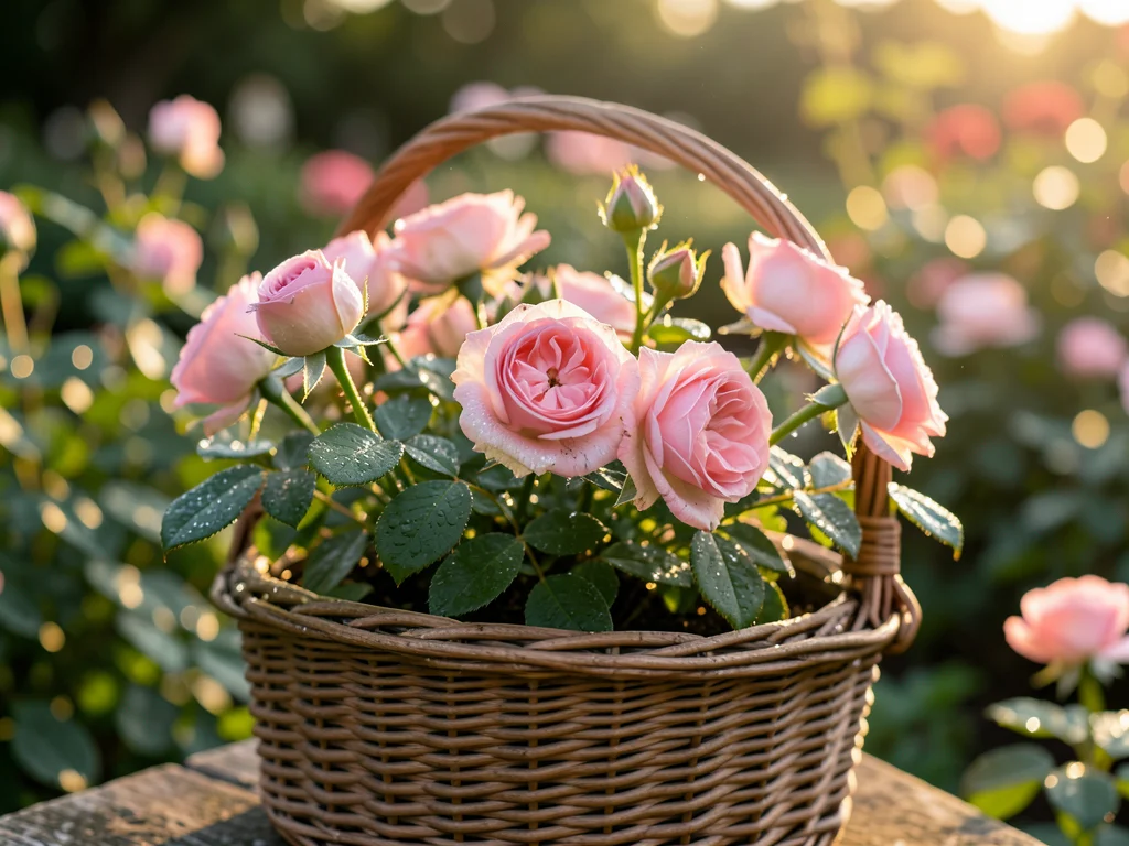 Garden roses in wicker basket, freshly cut, dew drops, morning
