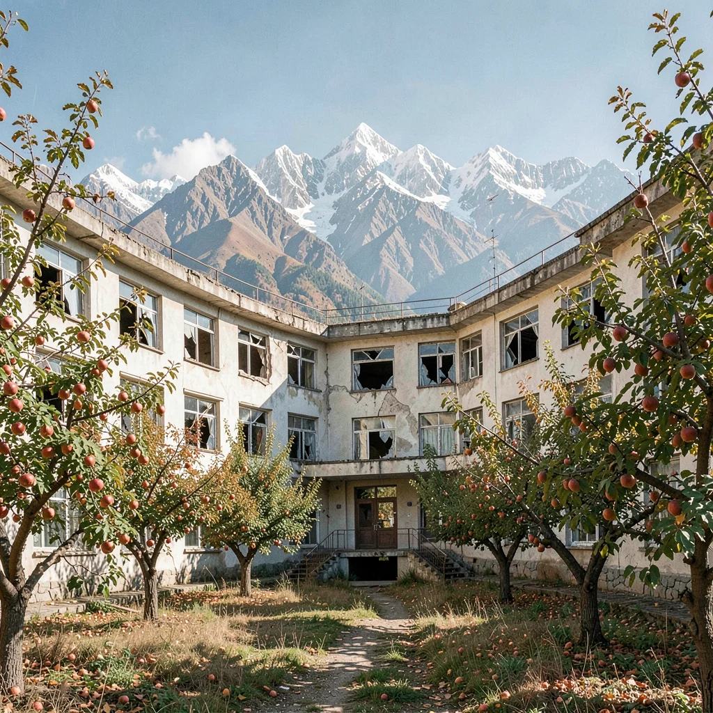 Tian Shan mountains behind Soviet Almaty, abandoned Soviet sanatorium with broke