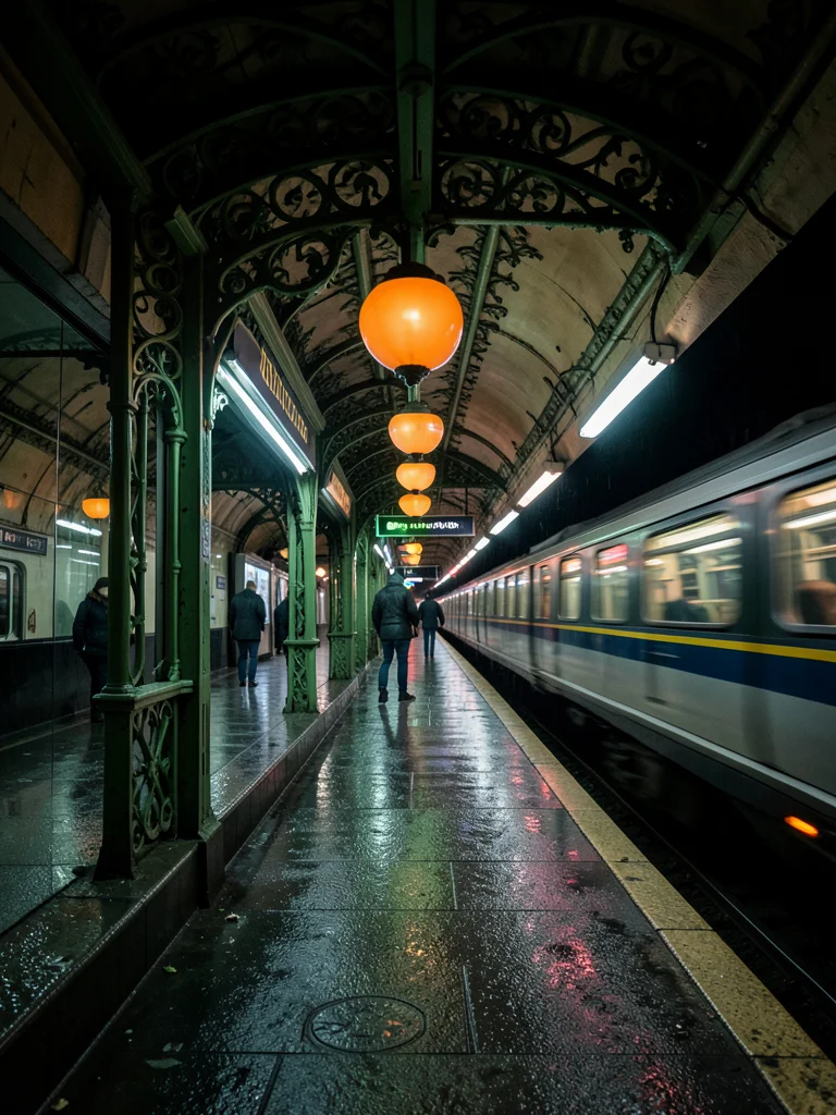 A Paris Art Nouveau metro entrance: the ornate green ironwork, the orange globe 