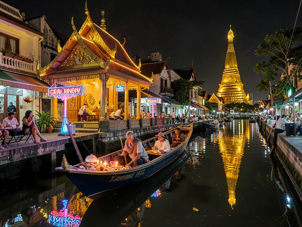 Bangkok canal boat with temple reflection