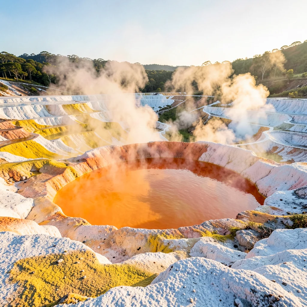 Rotorua geothermal landscape, active earth palette, Bright orange hot spring poo