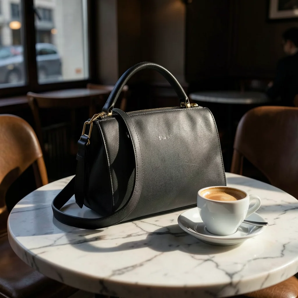 Leather handbag on a marble cafe table next to an espresso, afternoon light