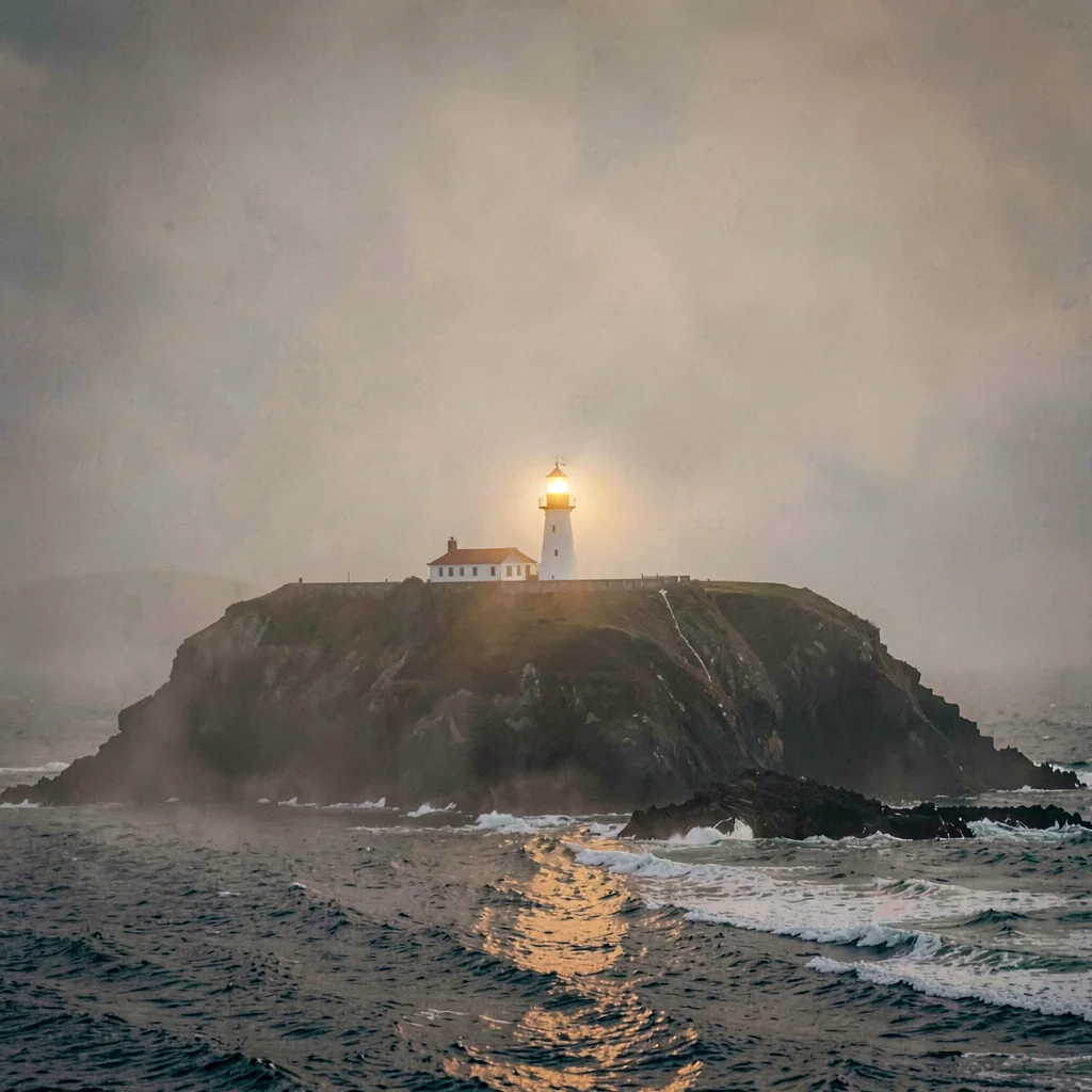 Atmospheric landscape of a fog-soaked headland with a distant lighthouse glowing