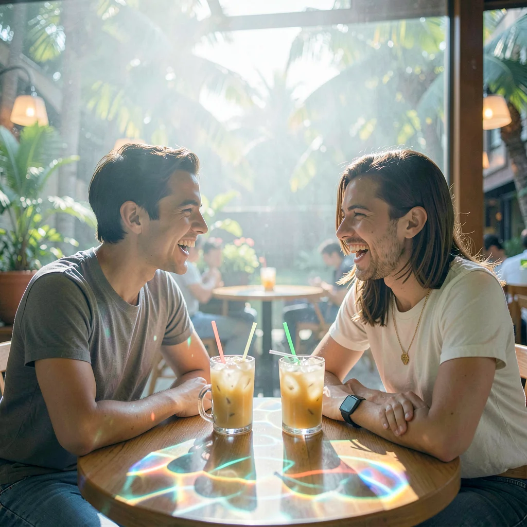 Soft diffused tropical light filtering through water vapor, Two friends laughing