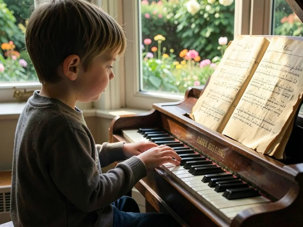 A child practicing piano by a window overlooking a garden, their small hands on 
