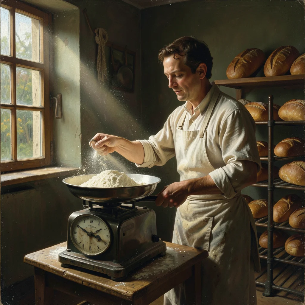 A baker weighing flour on an old scale, a dusting of flour catching the light be