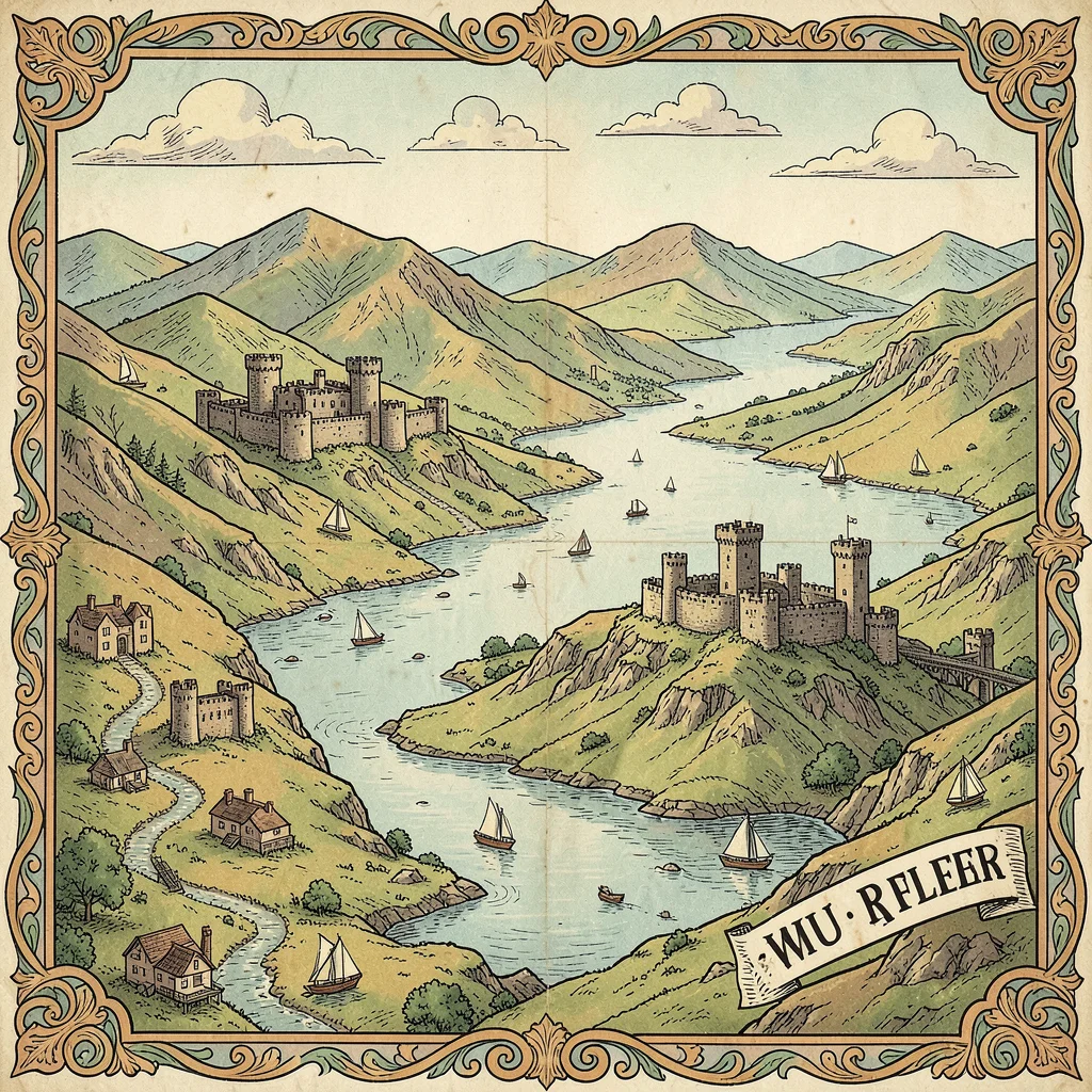 Illustrated map illustration, Scottish highlands with castles and lochs , pictor