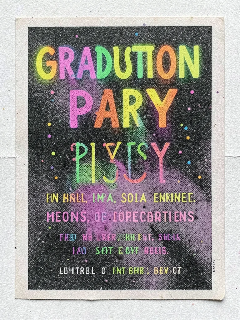 Graduation party invitation in riso print, fluorescent ink, festive