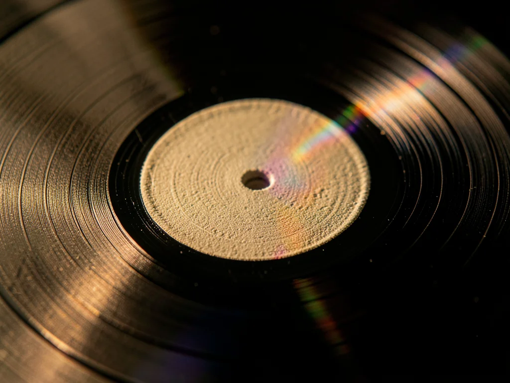 Vinyl dead wax area, smooth ungrooved zone between music and label, silent black