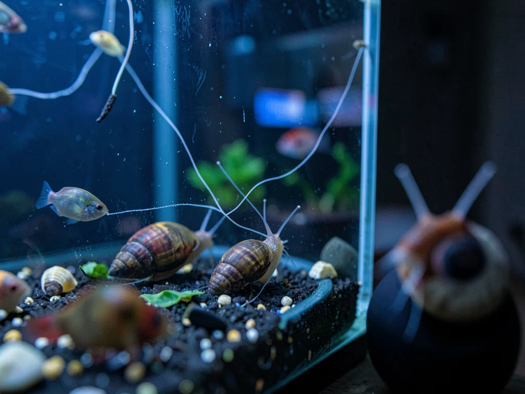 Snails on glass, leaving trails, the cleanup crew doing slow work, macro detail