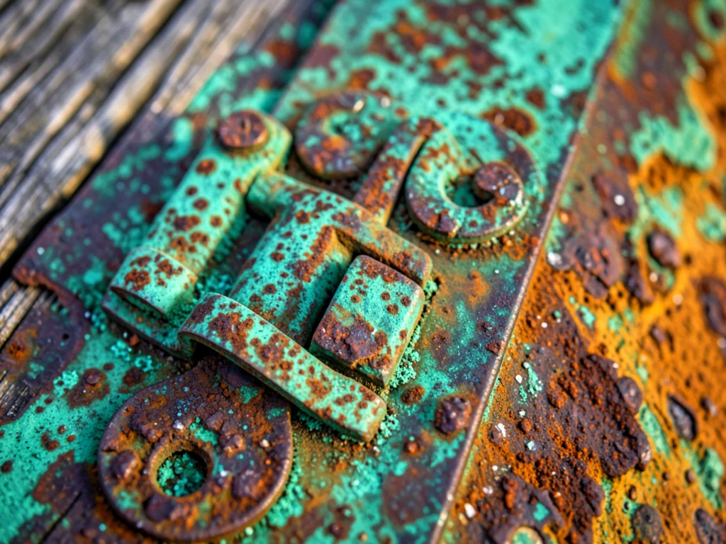 Weathered copper boat hardware with verdigris, ocean spray patina, dock wood
