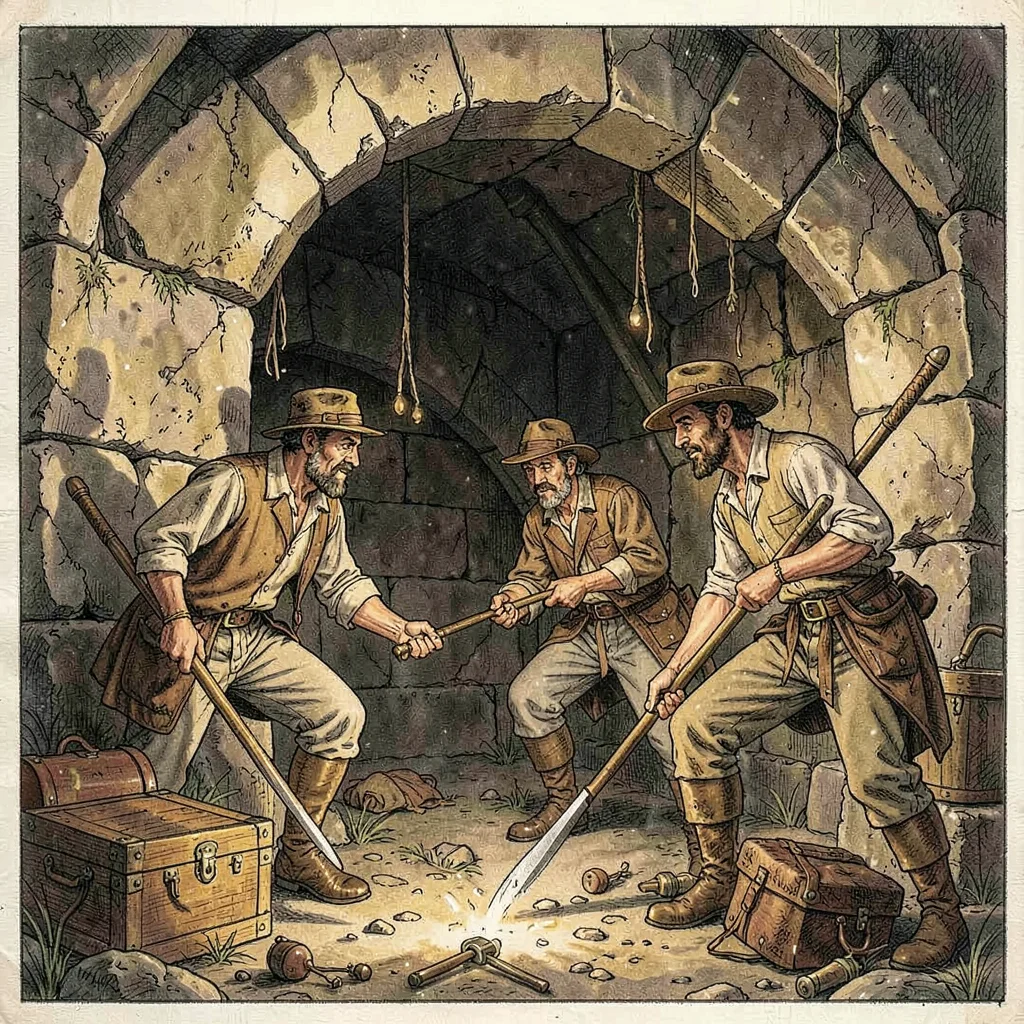 Treasure hunters opening ancient tomb
