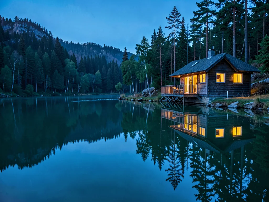 Finnish lake mirror, dead-calm reflection, a lakeside sauna cottage at blue hour