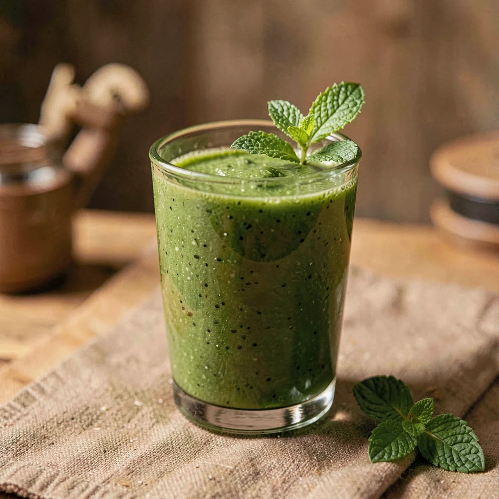 warm still-life of a glass of green smoothie with a sprig of mint