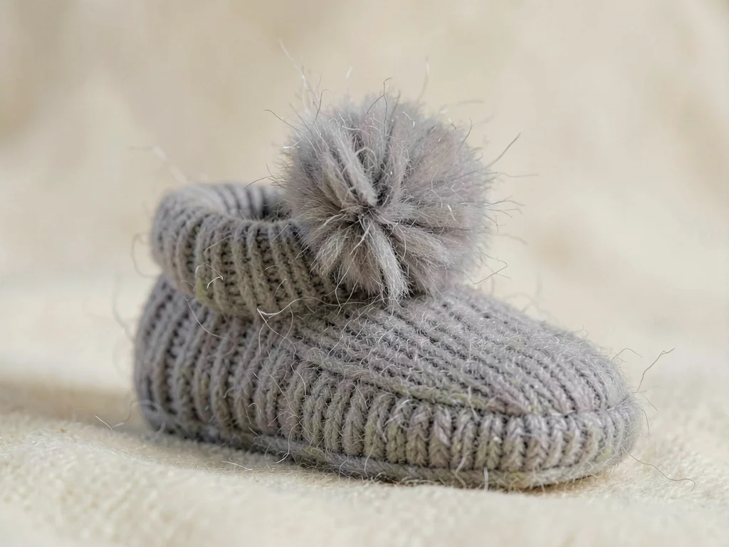 Ankle-cuffed heather-grey knit slipper with a fluffy mohair pom-pom on top, on c