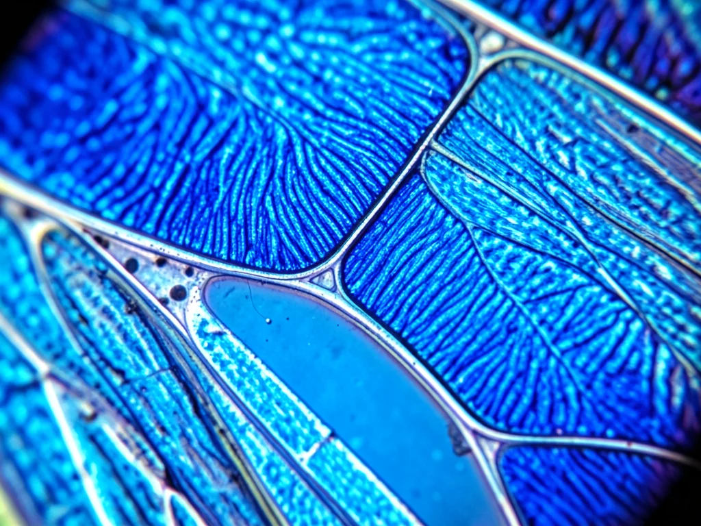 Butterfly wing extreme macro, overlapping scale tiles in brilliant blue (Morpho)