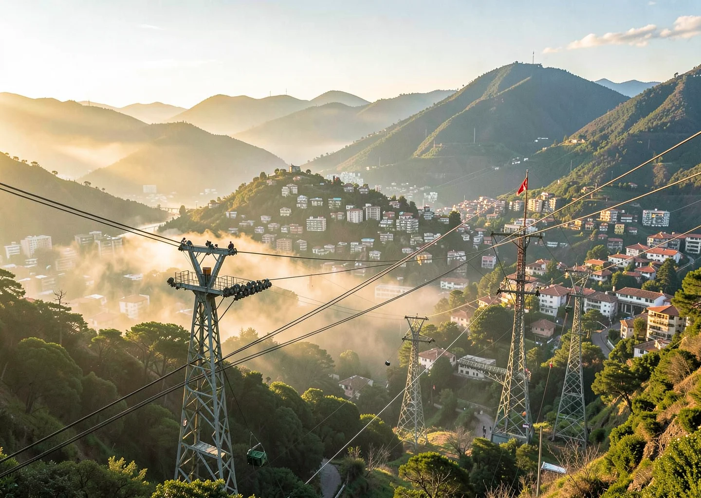 Eternal spring light over transforming Medellín, morning mist over comunas with 