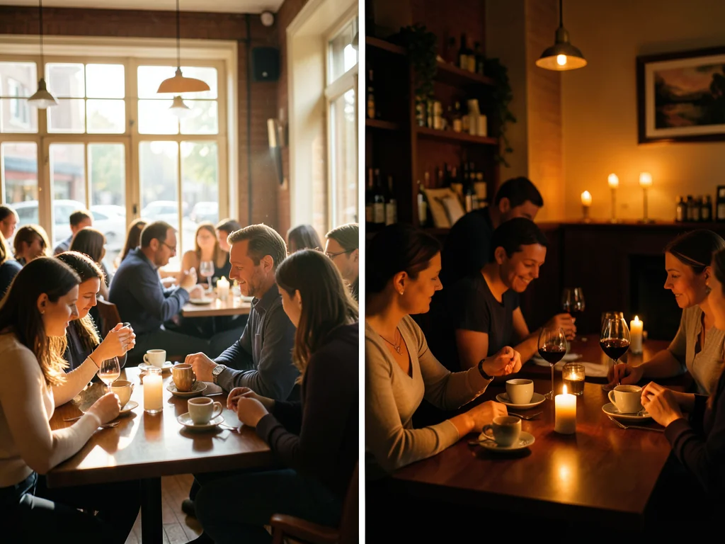 Cafe interior, left half morning coffee rush sunlight, right half candlelit dinn