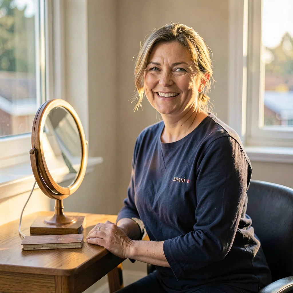 Practitioner portrait of an SLP smiling beside a small mirror table, warm window