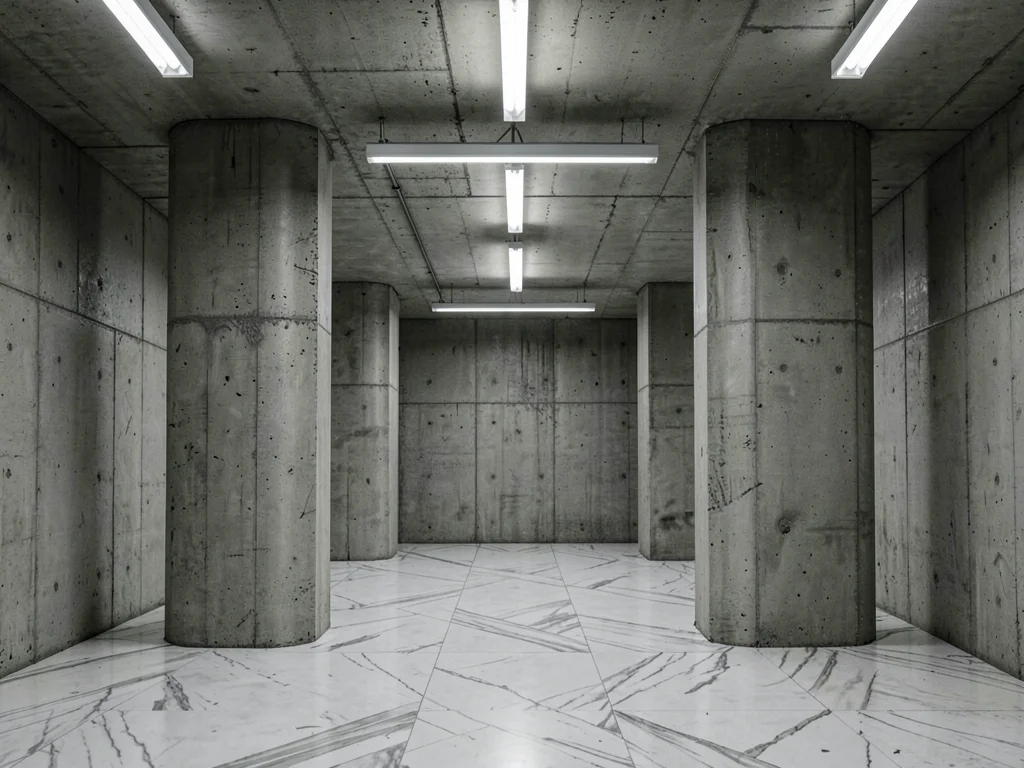 A government ministry interior — monumental concrete columns flanking an empty m