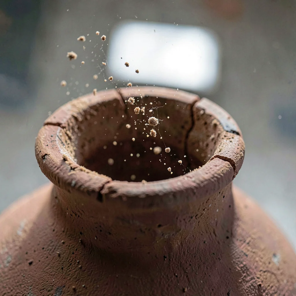 Macro of a clay amphora seal cracked open, dust falling from the lip, single sky