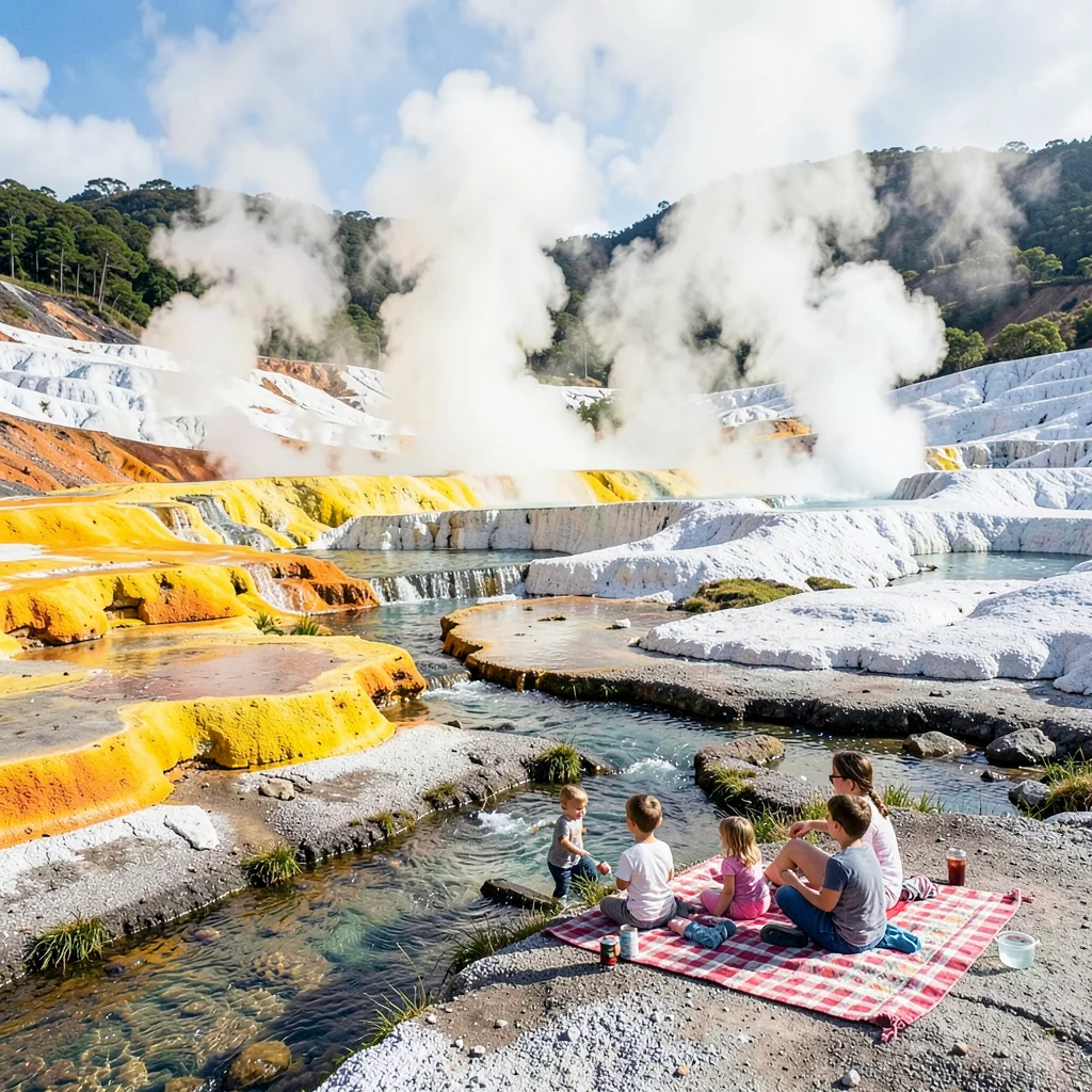 Rotorua geothermal landscape, active earth palette, Family picnicking near steam
