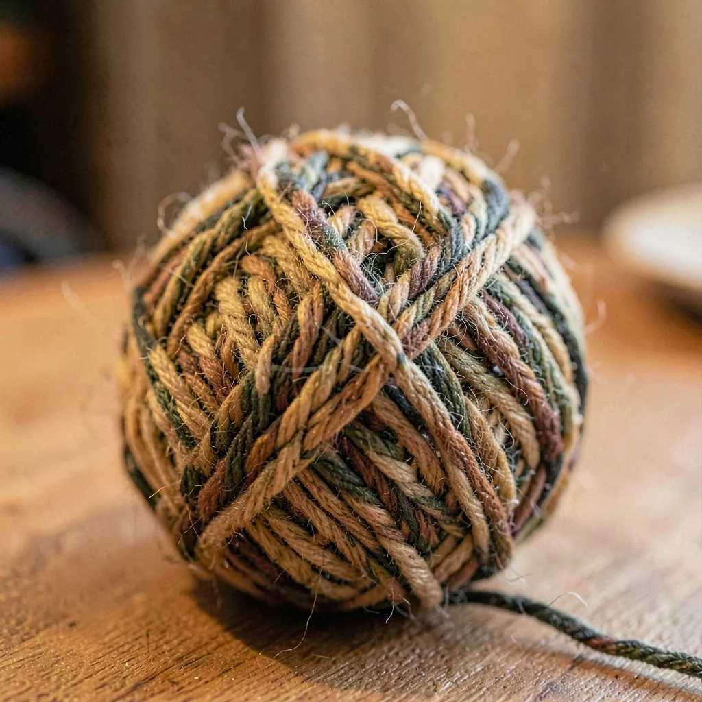 Close warm view of a handspun ball with a slubby thick-and-thin texture
